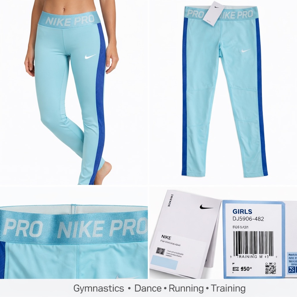 Nike Pro Girls NWT Dri-FIT Leggings Aqua Blue w/Purple Side Stripe Size M+
